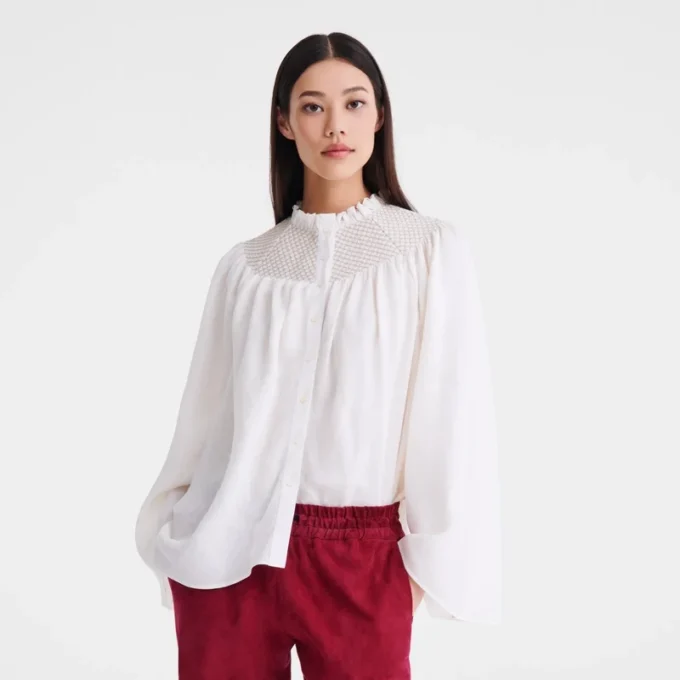 Ecru – Bluse mit gesmoktem Schleier