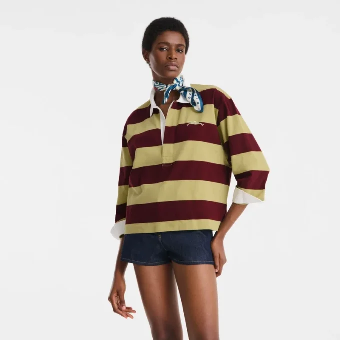 Pistazie/Burgunderrot – Gestreiftes Jersey-Poloshirt